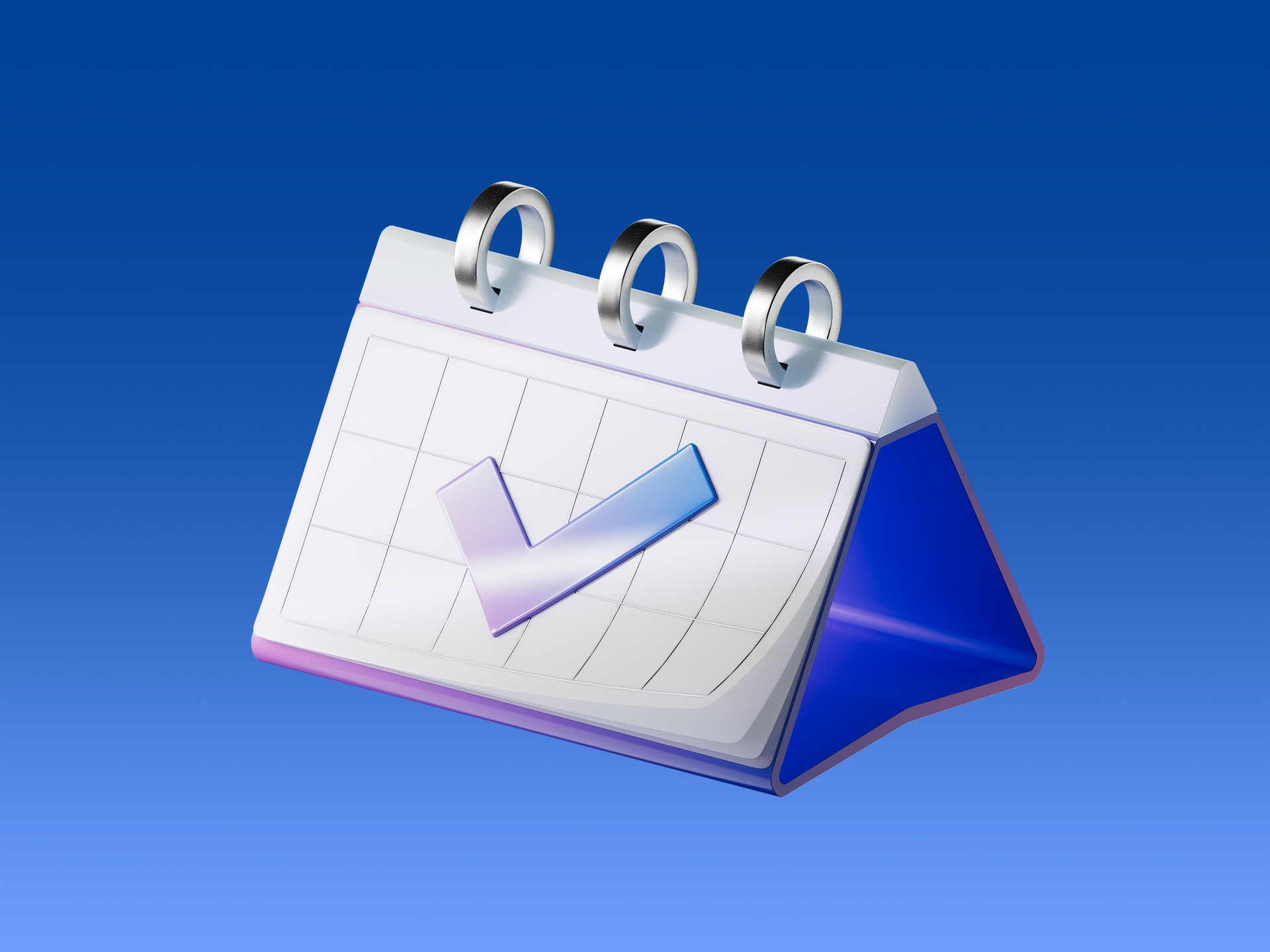 3D icon of a calendar with a check mark, representing successful scheduling, event confirmation, or completed planning. Isolated on blue background. 3D icon of a calendar with a check mark, representing successful scheduling, event confirmation, or completed planning. Isolated on blue background.